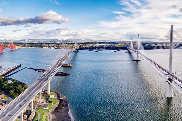 The new Queensferry Crossing bridge (on the right) over the Firth of forth. Purchased image and not our own
