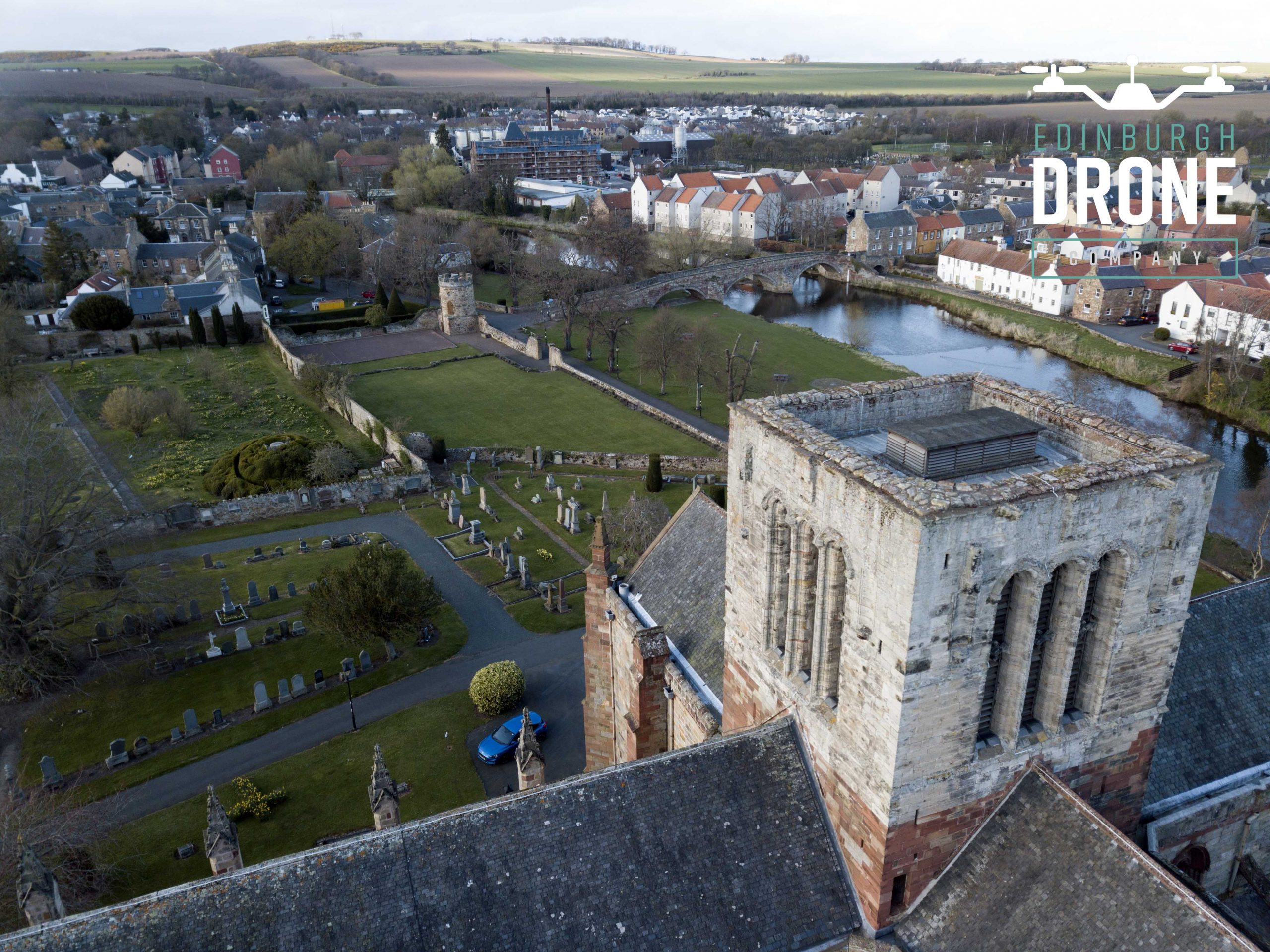 Drone St Marrys church and bridge - Haddington - low res